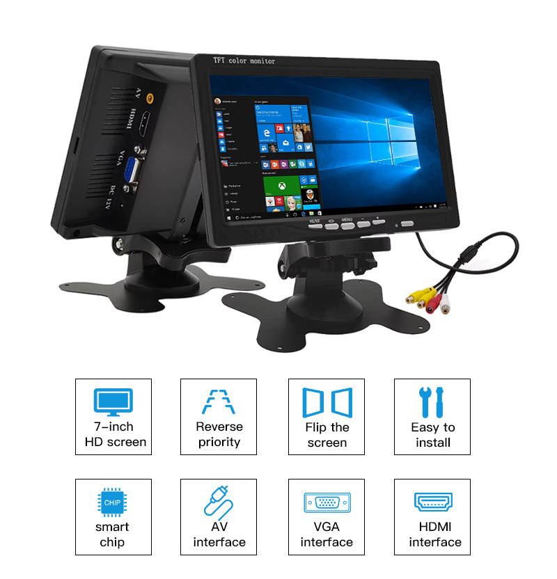 7inch TFT LCD Color Monitor for Truck Car with AV VGA HDMI Input Supports AHD 1080p Display and Audio Playback Function