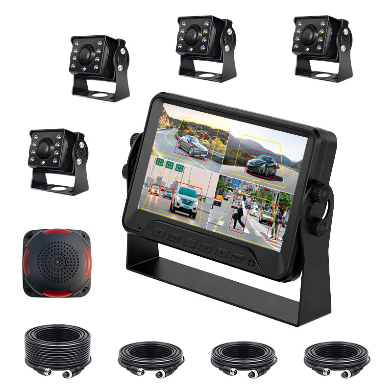 7inch AI BSD Monitor Solution 4channel with 4 AHD 1080p Cameras Real Time Blind Spot Detection with Buzzer Sound and Light Alarm