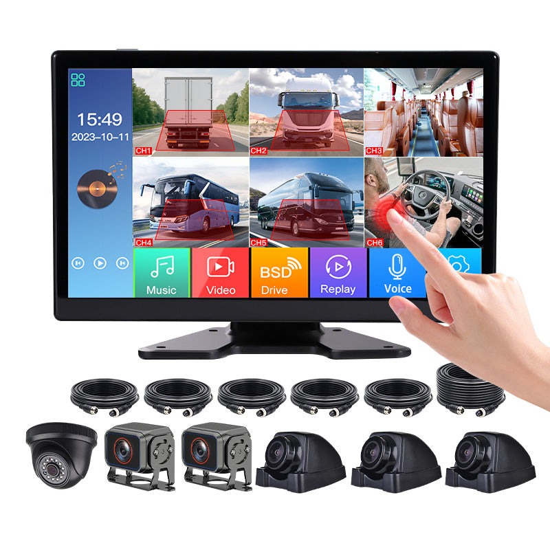 Truck 6channels BSD 10.1inch Touchscreen Monitor Solution 4 AI Blind Spot Camera 2 Cabin Cameras Real-time BSD Monitoring Alarm