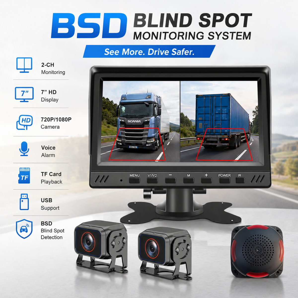 7inch IPS BSD Monitor System 2 Channel Split Screen with 2 Waterproof Cameras Buzzer Remote BSD Alert for Truck Bus