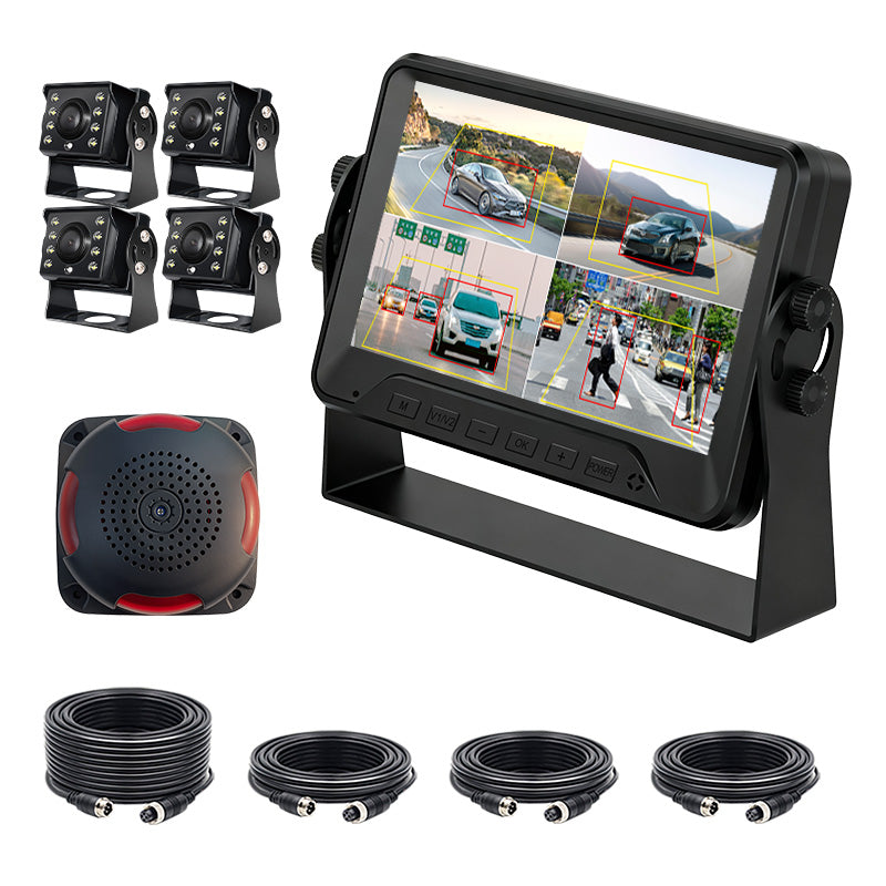 7inch AI BSD Monitor Solution 4channel with 4 AHD 1080p Cameras Real Time Blind Spot Detection with Buzzer Sound and Light Alarm