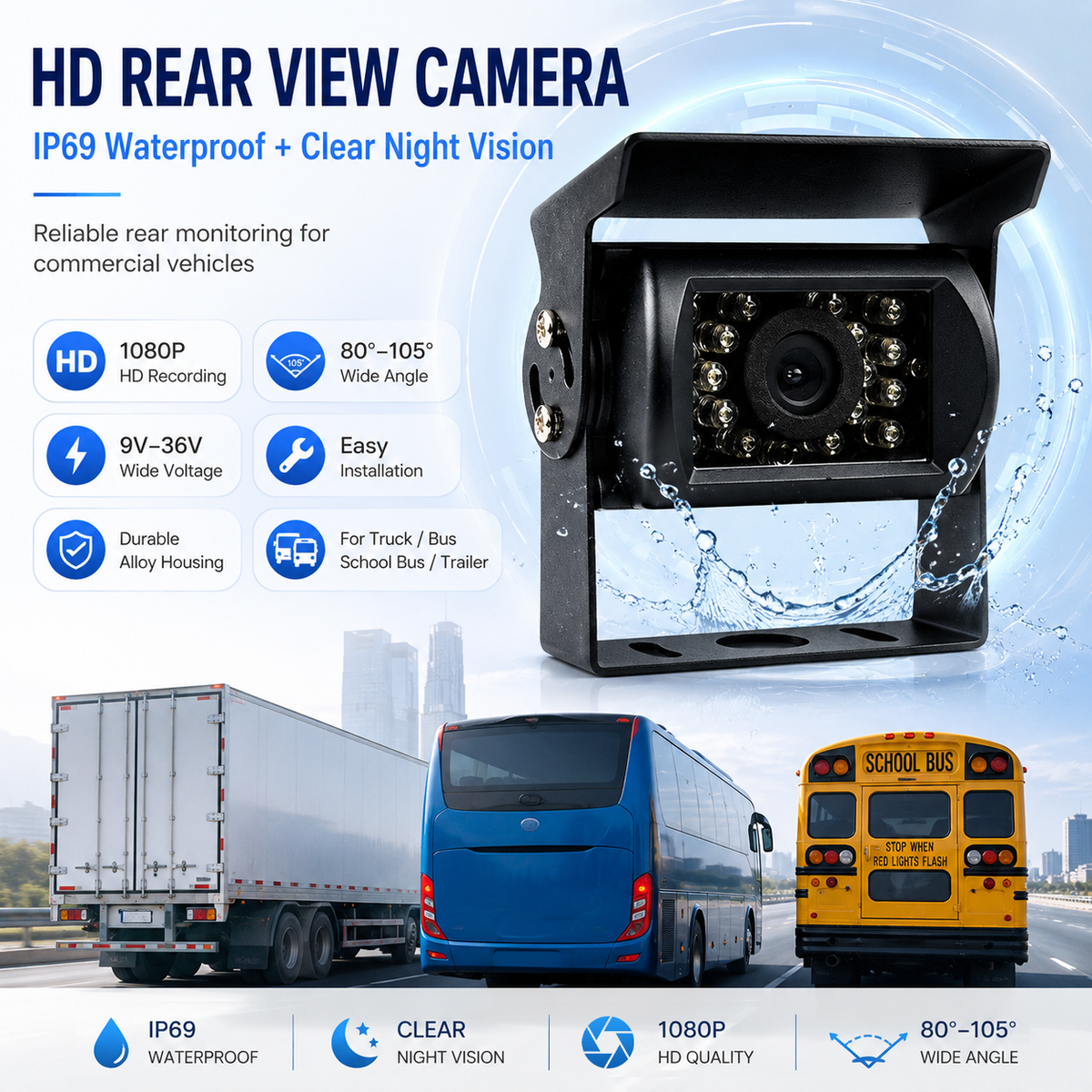 EhMini 1080P AHD Wide View Angle Waterproof Camera School Bus Rearview Car Truck Dash Night Vicle Rear View Ahd Auto Camera