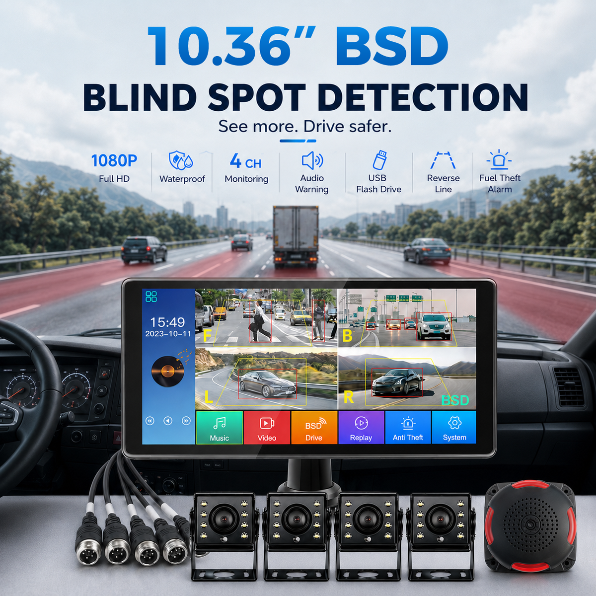 10.36-inch IPS Touch 4-ch Screen Display Waterproof AHD BSD AI Truck Monitoring Voice Alarm System Bus Dvr Recorder MP4 Player