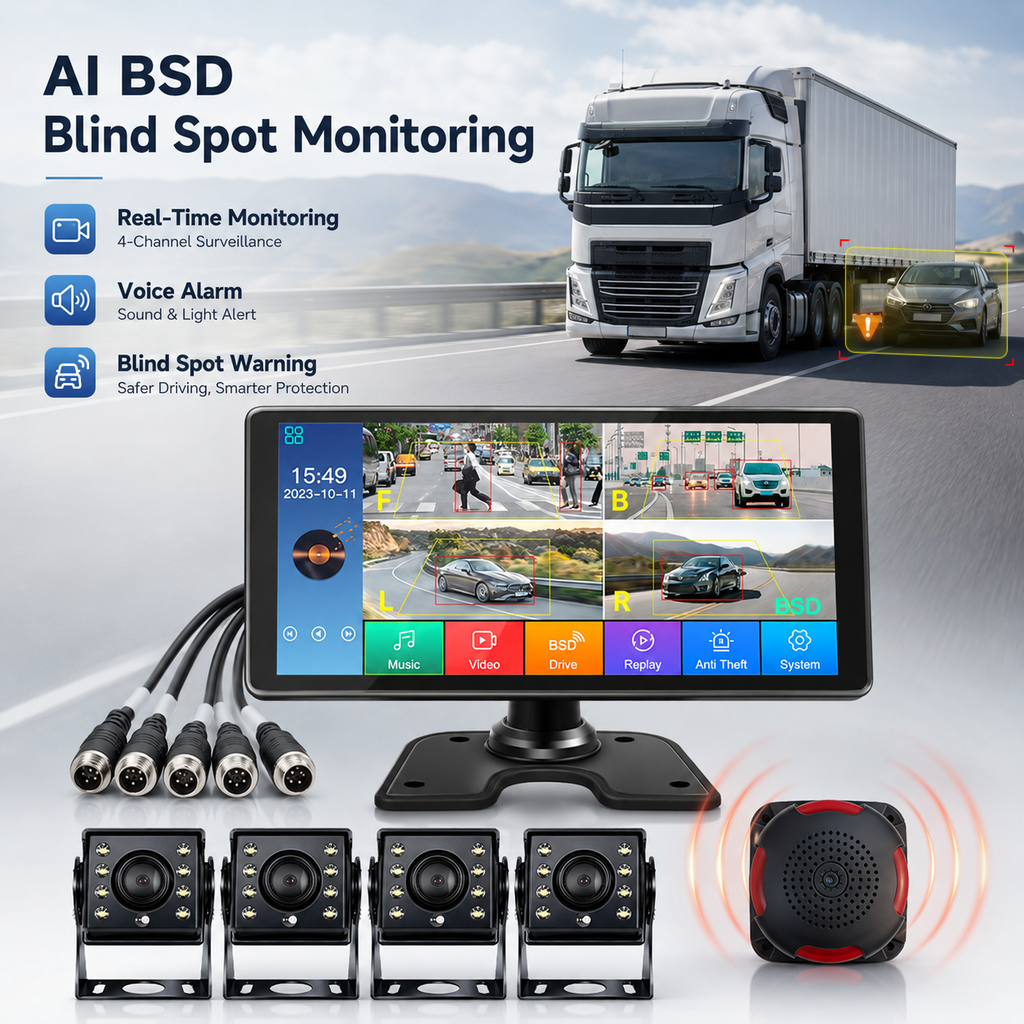 10.36-inch IPS Touch 4-ch Screen Display Waterproof AHD BSD AI Truck Monitoring Voice Alarm System Bus Dvr Recorder MP4 Player