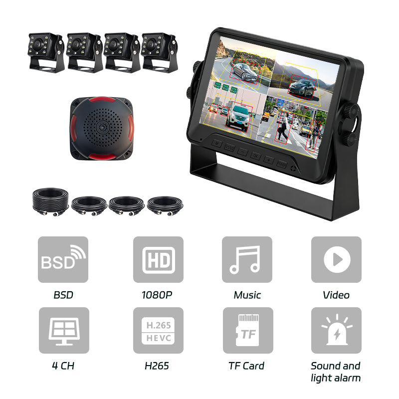7inch AI BSD Monitor Solution 4channel with 4 AHD 1080p Cameras Real Time Blind Spot Detection with Buzzer Sound and Light Alarm