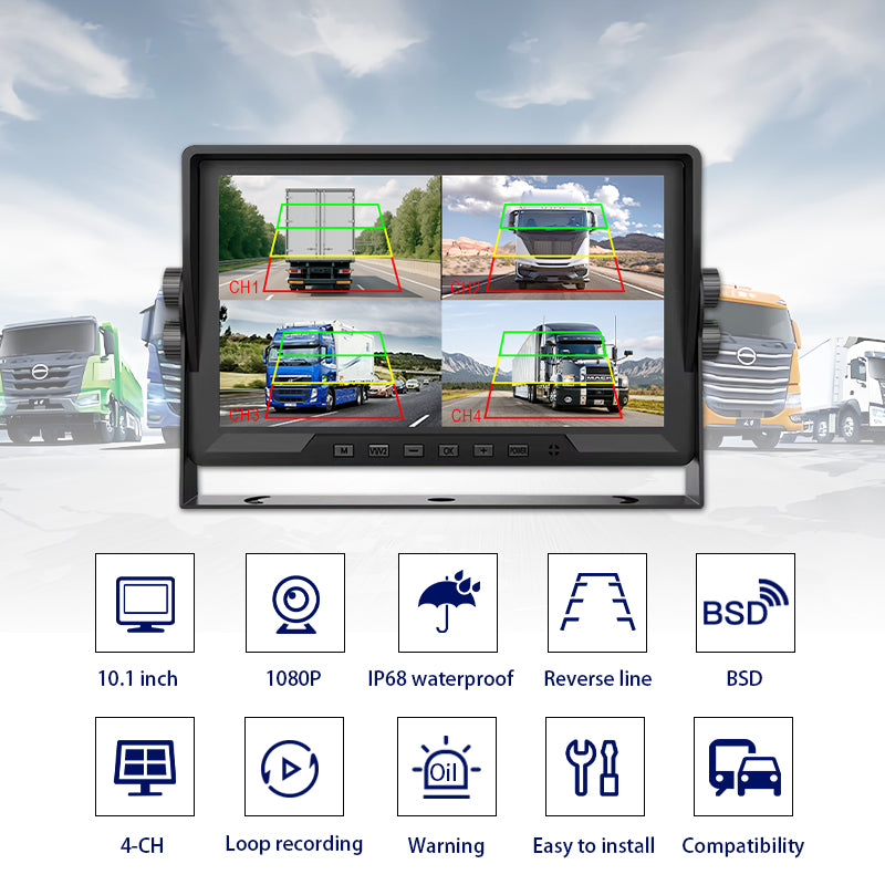 10.1 Inch 4CH Mode Backup Camera System with 4 Cameras 120-170 Wide Angle for Car & Truck Rearview Bsd System Monitor
